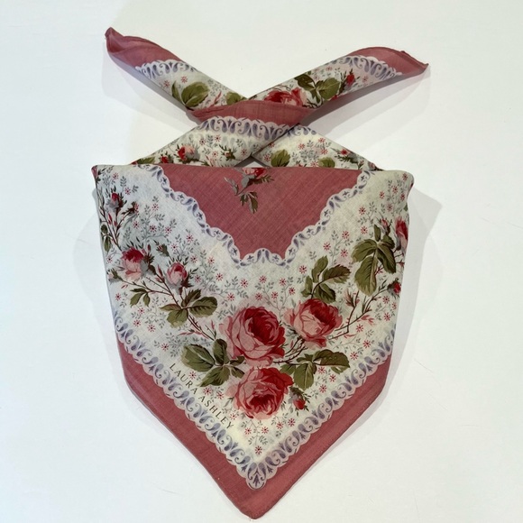 LAURA ASHLEY Vintage Handkerchief Pink Cotton Rose Floral Mini Scarf 19” - Picture 1 of 9